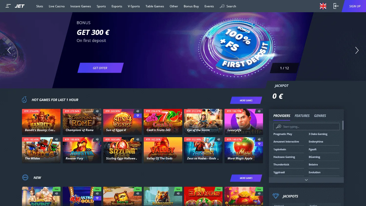 Jet Casino home interface on desktop